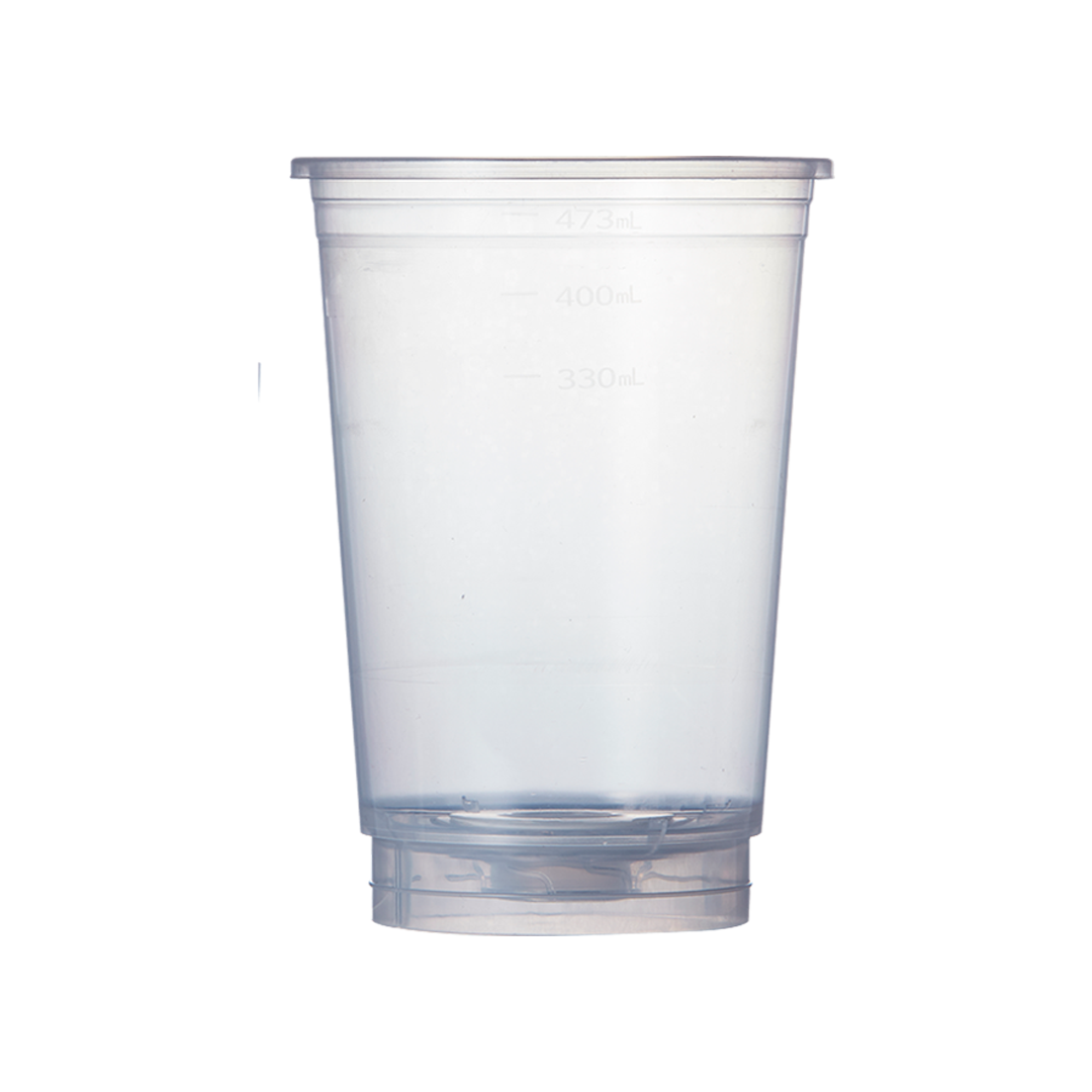 A clear disposable plastic cup to use with bottom filling ReverseTap.