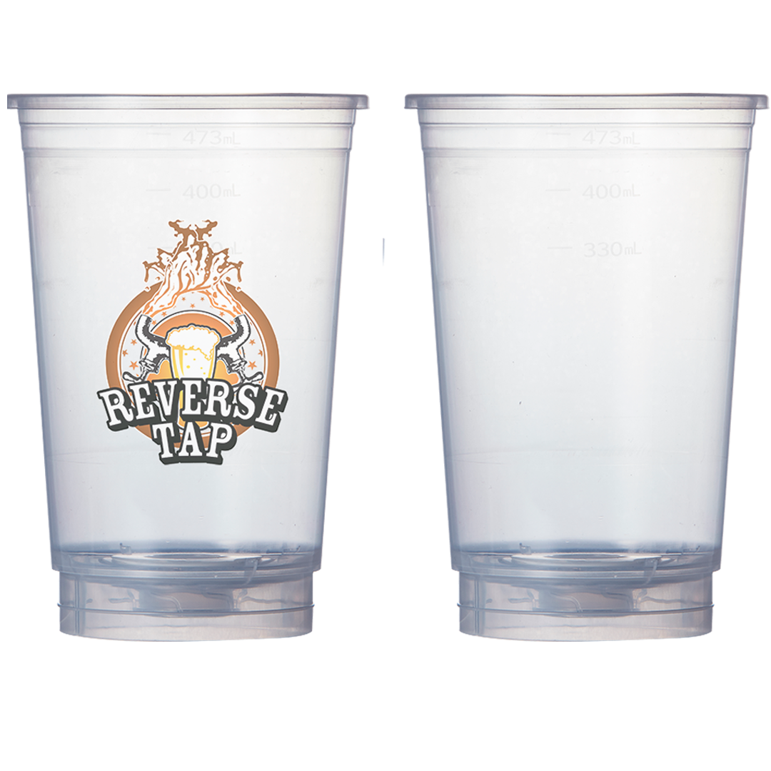 Two clear disposable 16oz ReverseTap cups.