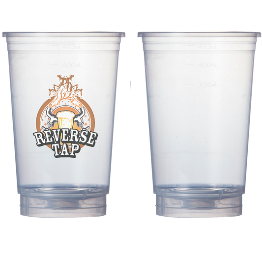 Two clear disposable 16oz ReverseTap cups.