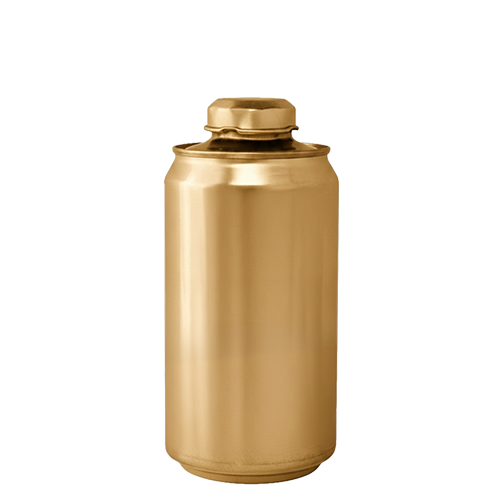 25.4-oz Gold-colored aluminum crowler/can with on a white background gold resealable lid and cap