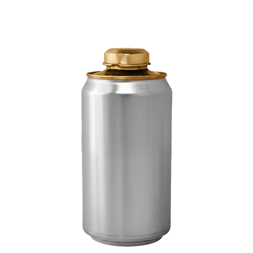 Silver insulated aluminum can with gold lid and cap on a white background