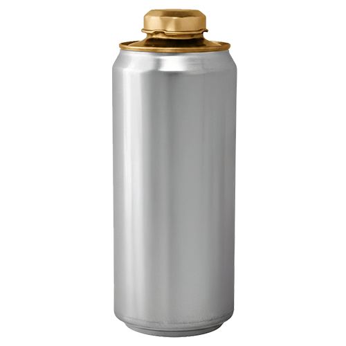 32oz Silver crowler can with gold resealable lid and cap on a white background